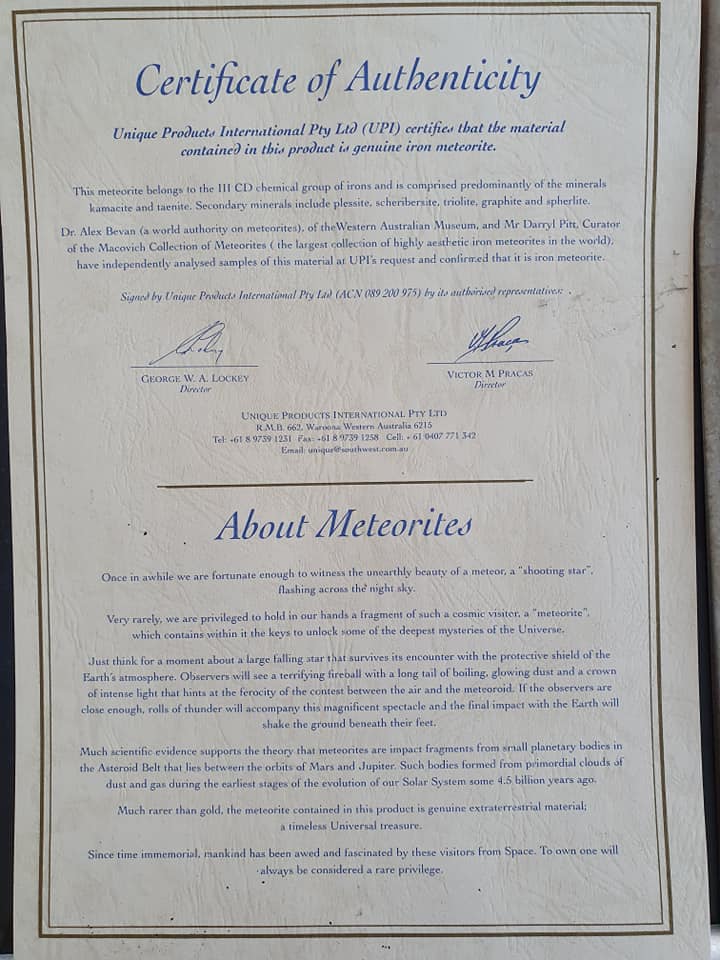 Certificate Of Authenticity Meteorite